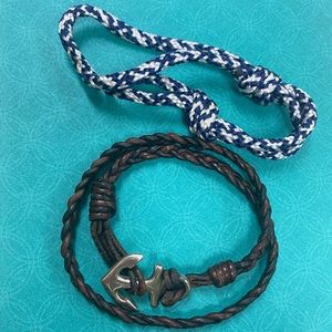 James Avery silver anchor with leather & blue & white bracelet